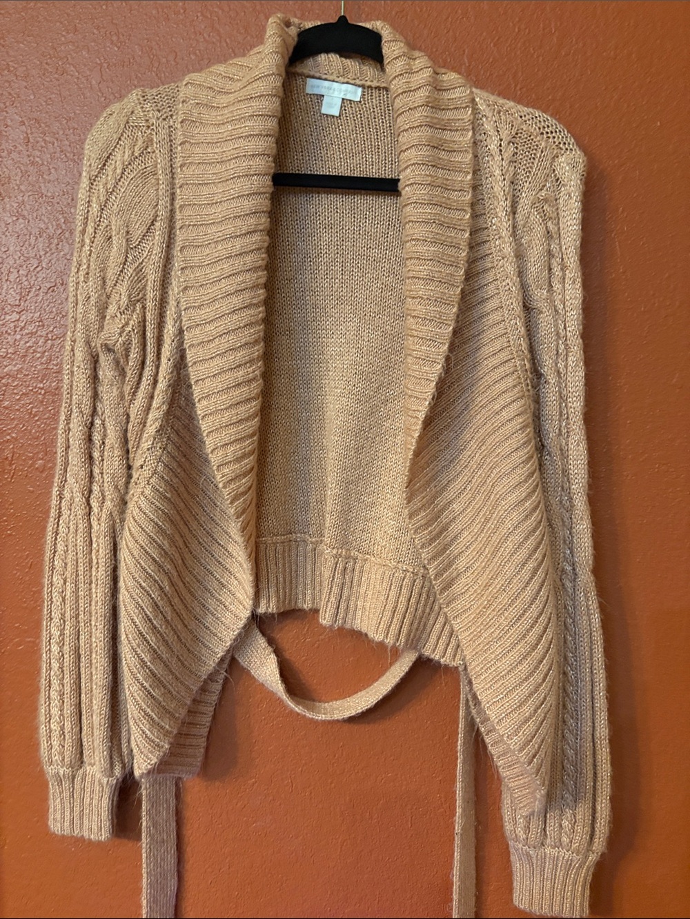 Women's Open-Front Cable Knit Cardigan Sweater in Tan